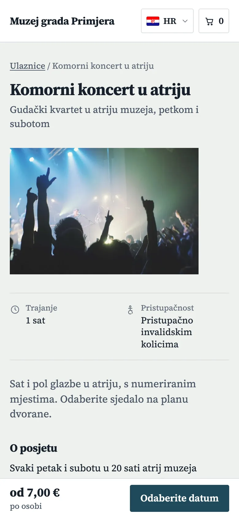 Stranica događanja u demo webshopu na mobitelu